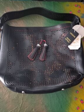 Vegan Black Perforated Tassel Shoulder Bag